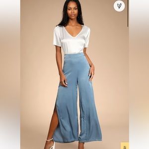 Lulus Blue Satin Wide-Leg Side Slit Pants